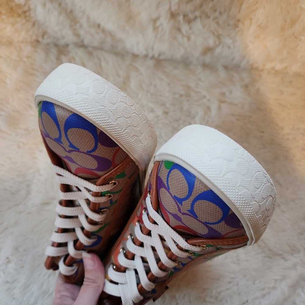 Coach CitySole High Top Platform Sneakers Rainbow Signature Canvas Pride Sz 6.5 - Picture 6 of 14